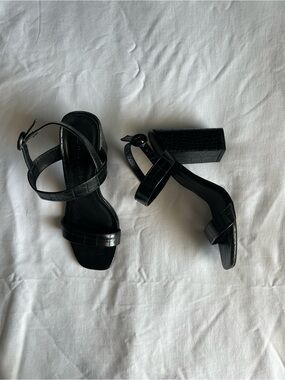 Wild Diva Black Croc-Texture Block Heel Sandals